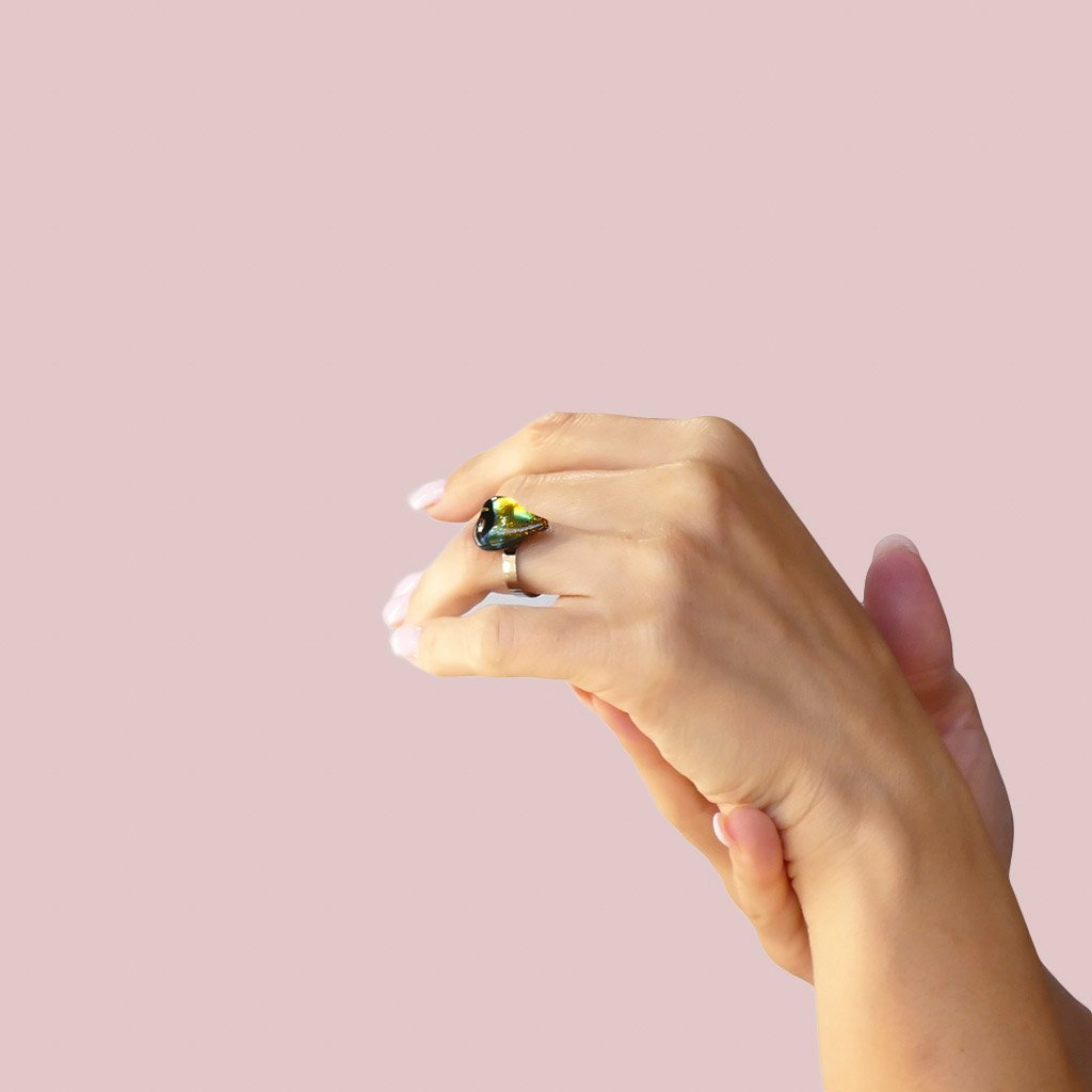 Microcosmoses RINGS GLASS REFLET RING ORANGE FIRE ~ CRYSTAL GREEN | HEART | REFLET