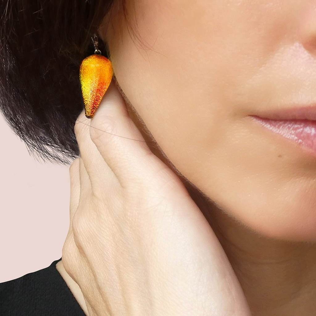 Microcosmoses EARRINGS DROP GLASS REFLET EARRINGS ORANGE FIRE ~ CRYSTAL GREEN | DROP | SILVER 925 | REFLET