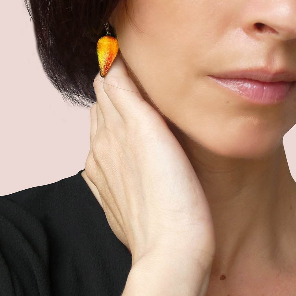 Microcosmoses EARRINGS DROP GLASS REFLET EARRINGS ORANGE FIRE ~ CRYSTAL GREEN | DROP | SILVER 925 | REFLET